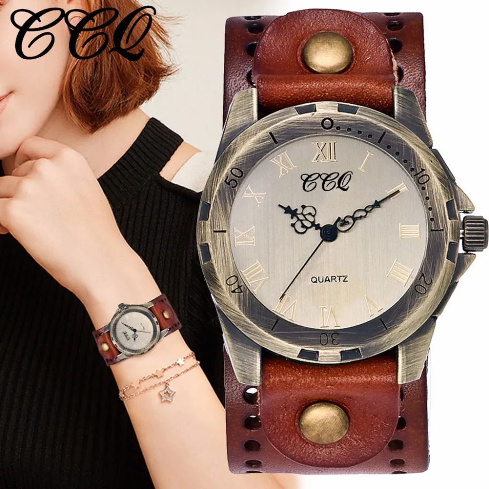 

CCQ Brand Women Men Genuine Vintage Leather Roman Numeral Watches Casual Female Male Quartz Sport Watch Clock Dropshipping