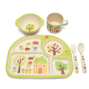 

Baby Infant Toddlers Tableware Kindergarten Cartoon Plate Cup Bowl Baby Tableware Set Bamboo Fiber Anti-slip Dinnerware