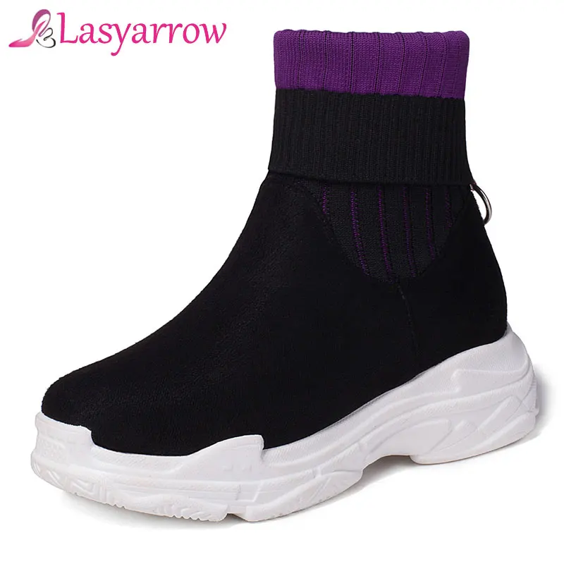 

Lasyarrow Comfortable Half Boots Platform Women Short Sock Boot Casual Round Platform Fashion Martin Boots Slip-on Shoes Woman