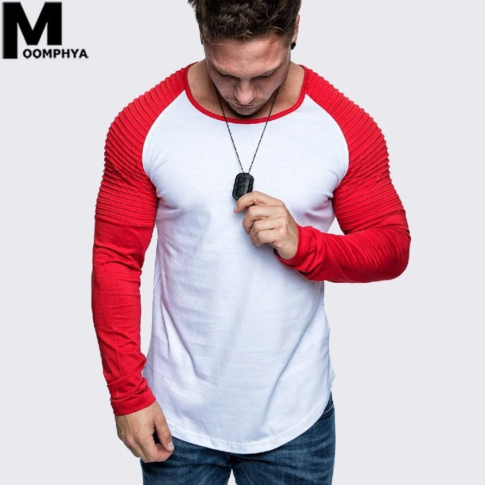 

Moomphya 2019 New Raglan sleeve Splicing Pleated stripes long sleeve men t shirt Streetwear hip hop t-shirt men Summer tshirt
