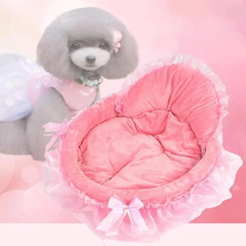 cheap Oval Dog Pet Beds Princess Soft House Nest Cat Dog Mat Sofa For Small Dogs Pink Lace Puppy House Doggy Teddy Bedding Mat Kennels