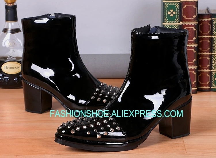 

New Mens Winter Fall Boots Rivets Stud Ankle High heels Patent leather Men's Boots Black Stage Party Boots Plus Size 38-46