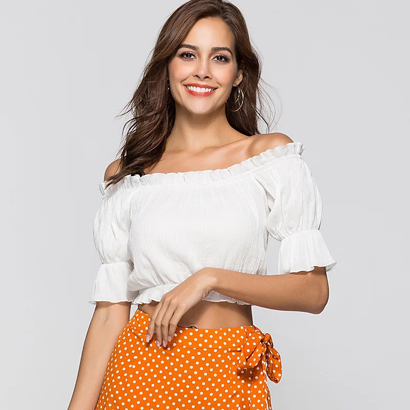 

Fashion Sexy Half Sleeve White Tops Women Boat Neck Ruched Cheap Casual Summer Beach Blouse Shirt Female Solid Tops Blouses 2019