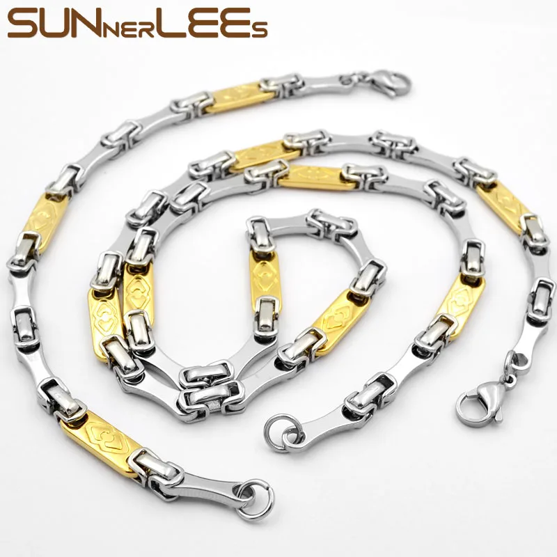 

SUNNERLEES Fashion Jewelry Stainless Steel Necklace Bracelet Set 6mm Geometric Link Chain Silver Gold For Men Women Gift SC110 S