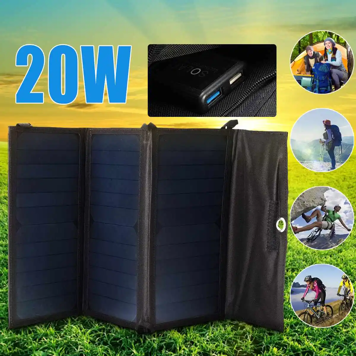 

Foldable 20W Solar Charger Folding USB 5v Battery Charger Portable Waterproof Solar Panel External Battery For Outdoor Camping