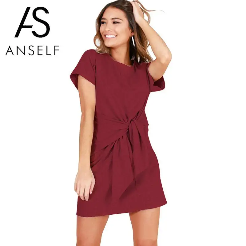

Anself Fashion Women Mini Dress Solid Twist Knot Short Sleeve Chic Ladies Dresses Casual Slim Short Dress robe femme ete 2019
