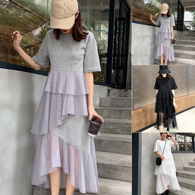 

Summer Women's Dress Loose Short sleeved Mesh Girl Dress Fashion Polyester Stitching Ruffle Midi Long Dress