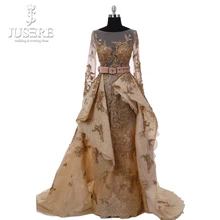 Jusere, высокая мода, ТРАПЕЦИЕВИДНОЕ роскошное Золотое вышитое бисером роскошное вечернее платье с длинным рукавом и v-образным вырезом на спине, платье для выпускного вечера W50256