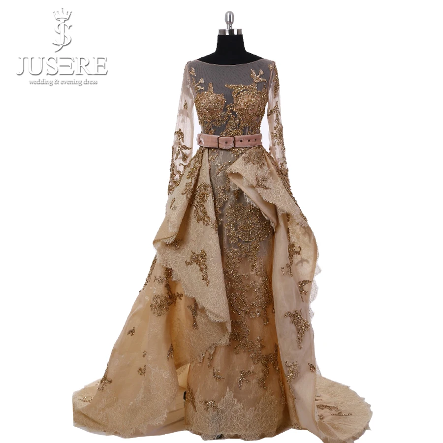 

2018 Jusere High Couture A-Line Luxury Gold Beaded Appliqued Luxury Long Sleeve V-Back Evening Dresses Prom Gown W50256