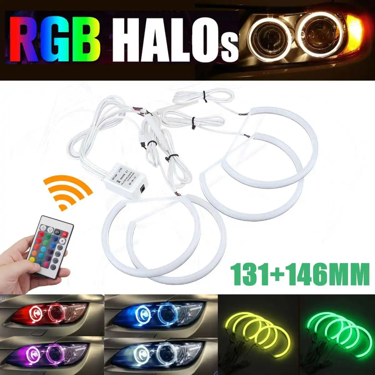 RGB عيون الملاك التحكم عن بعد 2*131 مللي متر و 2*146 مللي متر القطن خاتم على شكل هالة عدة ل BMW E46 A + B غير العارض 4D 16 الألوان فلاش