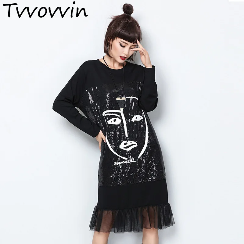 

2019 Autumn Spring New Europe Fashion Ruffles Print Savor Trumpet Dress Loose Women's Mesh Patchwork Sequins Dresses A645