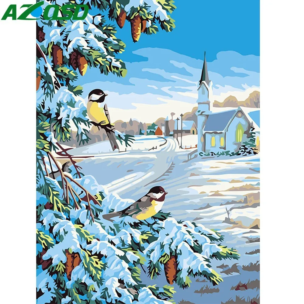 

AZQSD Oil Painting Winter Snow Bird Painting By Numbers Tree Paint Canvas Picture DIY Scenery Hand Painted Modern K431