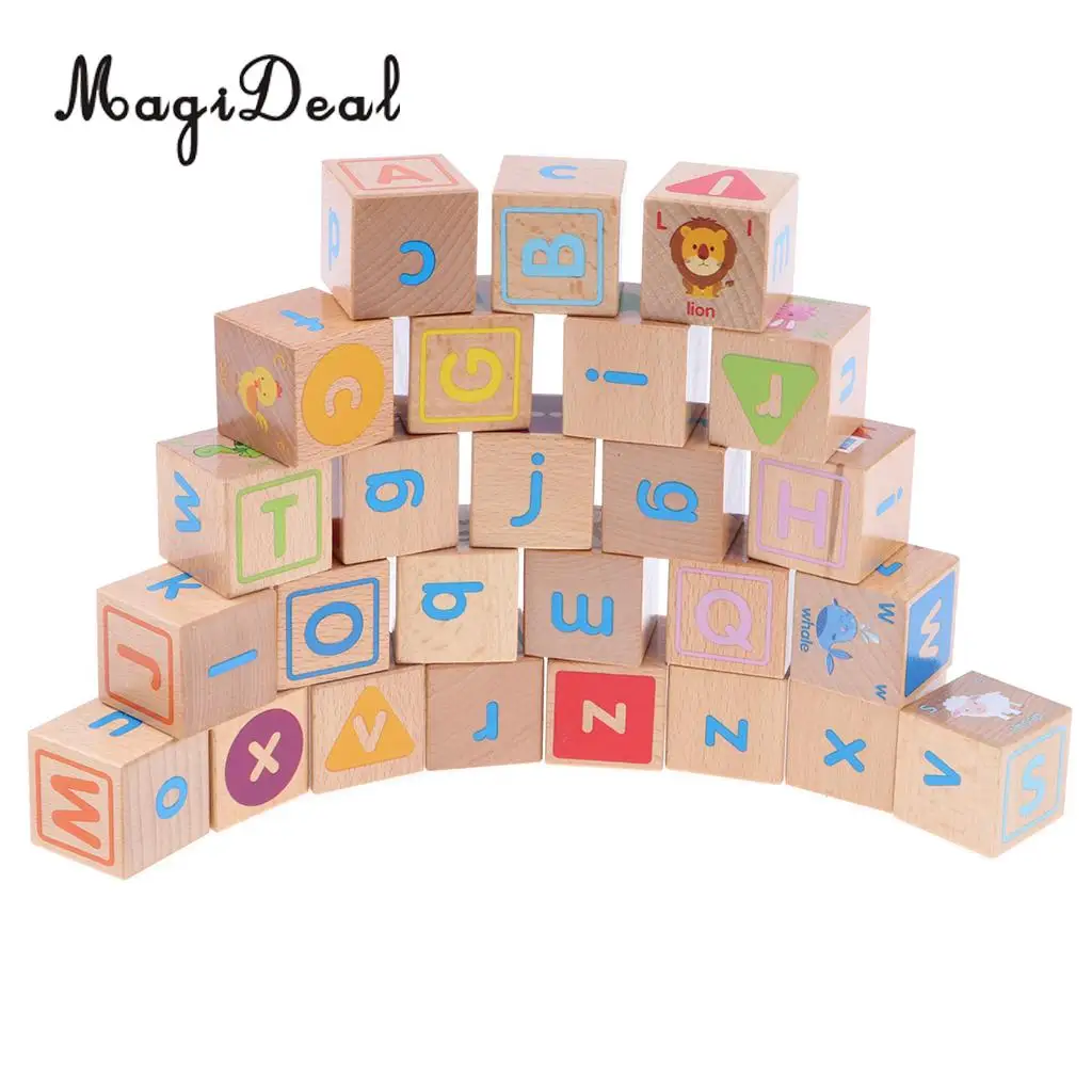 

26 Pieces Wooden ABC Alphabet Letters Cube Blocks Stacking Color & Shape Sorting Cognition Kids Developmental Toy