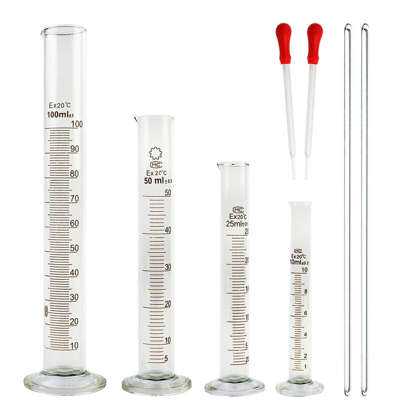 Стекло градуированный мерный цилиндр набор 100 мл 50 мл 25 мл 10 мл с 2 стеклянной палочка для перемешивания и 2 капельницы