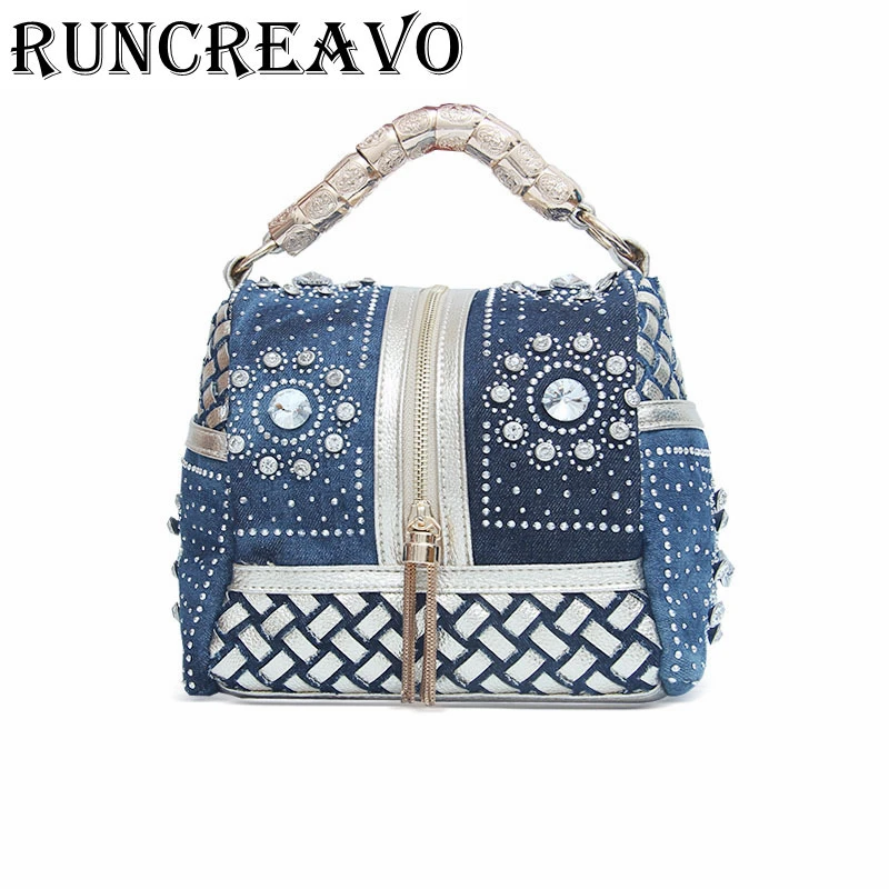 

Women Diamond rhinestone PU Leather Demin Patchwork Handbag Ladies Casual Shoulder Bag Messenger Bag Fashion crossbody Bag bolsa