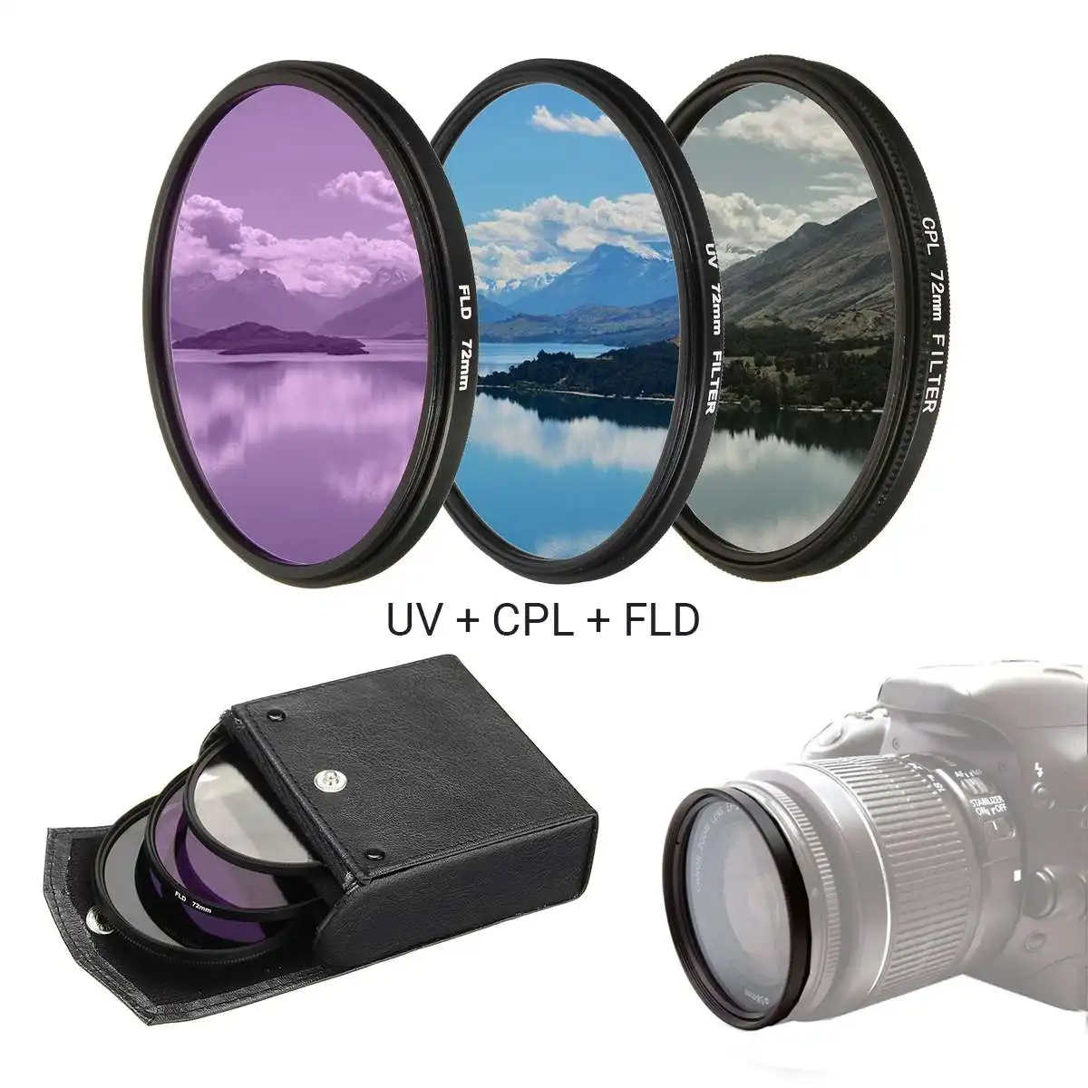 49 мм 52 мм 55 мм 58 мм 62 мм 67 мм 72 мм 77 мм UV+ CPL+ FLD 3 в 1 Набор фильтров для объектива с сумкой для sony Cannon для Nikon Pentax