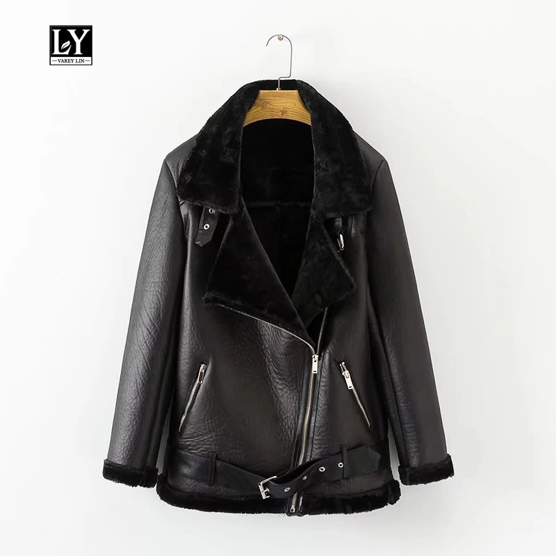 

Ly Varey Lin Winter Women Faux Lamb Leather Jacket European American Women Punk Lapel Thickened Padded Warm Zipper Fur Outwear