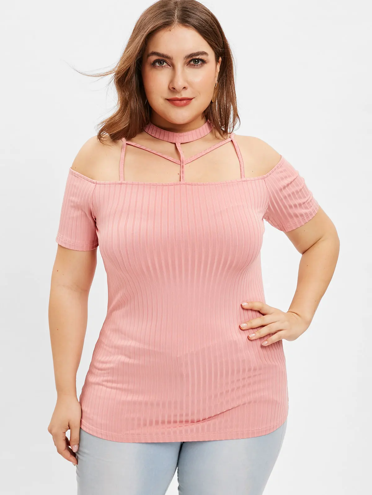 

Wipalo Women Plus Size Open Shoulder Cut Out Choker T-Shirt Casual Solid Short Sleeves Tees Ladies Summer Big Size Tops 5XL