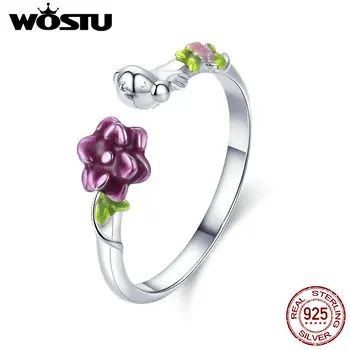 

WOSTU 925 Sterling Silver Purple Flowers Green Vines Adjustable Rings For Women Birthday Original Sweet Jewelry Gift CQR462