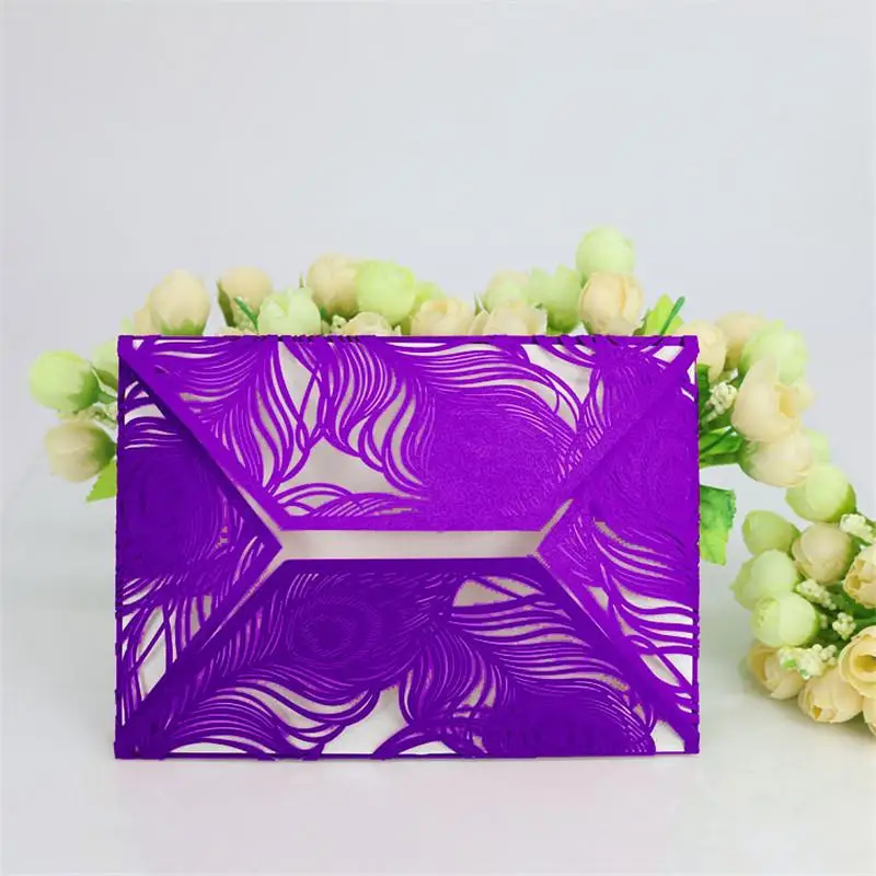  10PCS New Style Invitation Cards Peacock Feather Hollow Out Greeting Cards for Wedding Bridal Showe - 32970724653