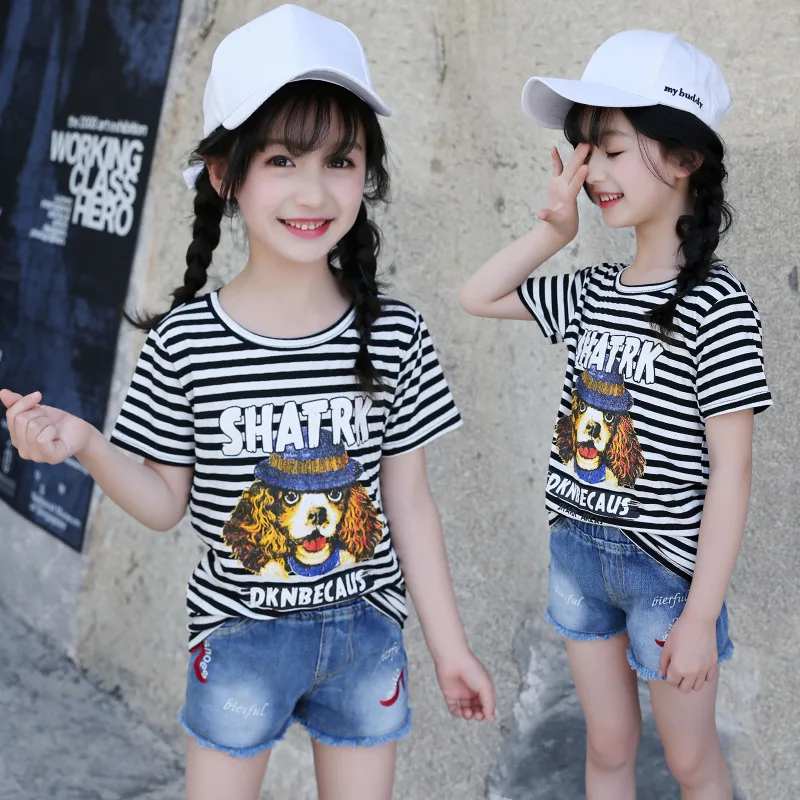 

Children's wear striped print cartoon cotton girl T-shirt 2019 summer new fashion short-sleeved round neck short baby clothes