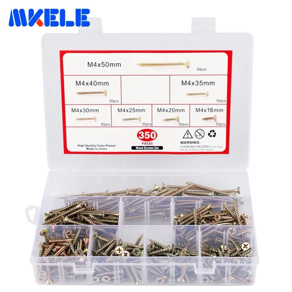 

350PCS/Set Self Tapping Screw Sets Plastic Box Cross Schroeven Wood Screw M4 Carbon Steel ParafusosAssortment Kit Flat Head