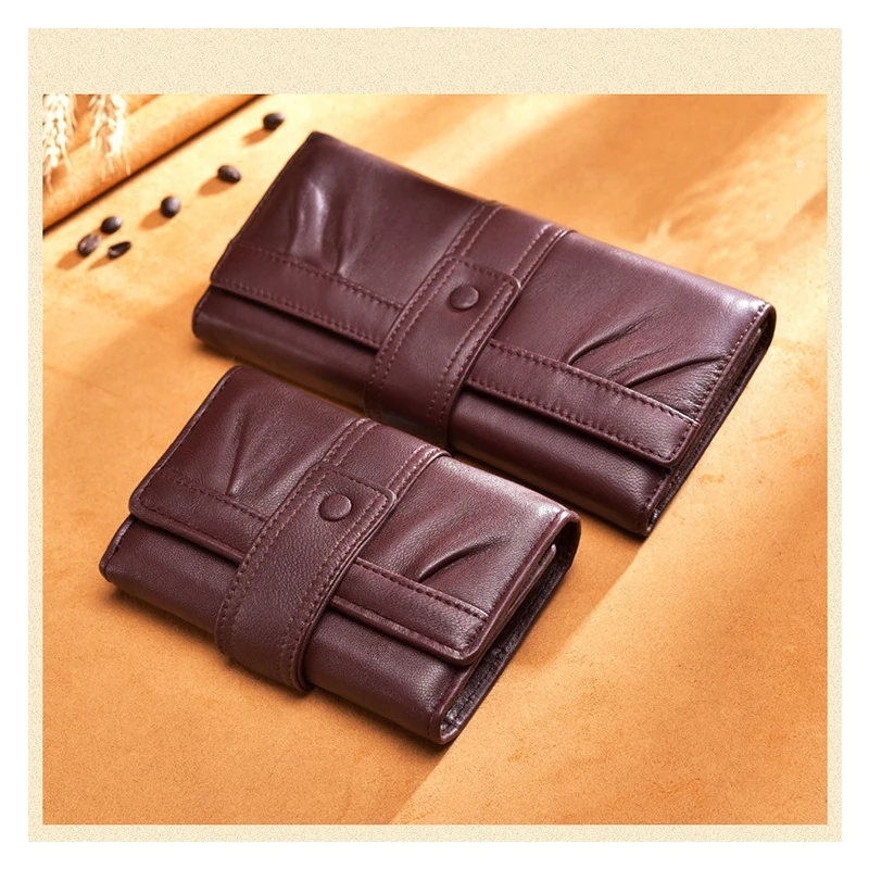 

Leather Wallet Female Short Retro Pleated Buckle Sheep Skin Large Capacity Multi-Card Wallet