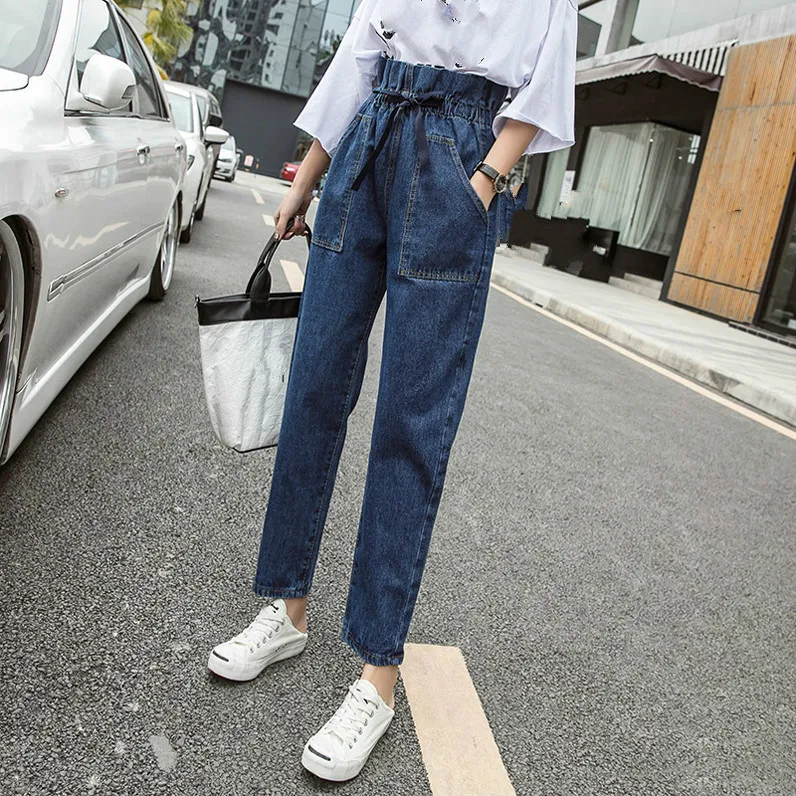 

New Women 2019 Fashion Elastic Waist Jeans Harem Pants Washed Denim Pants Female Spring Summer Loose Casual Jeans Plus Size 3XL