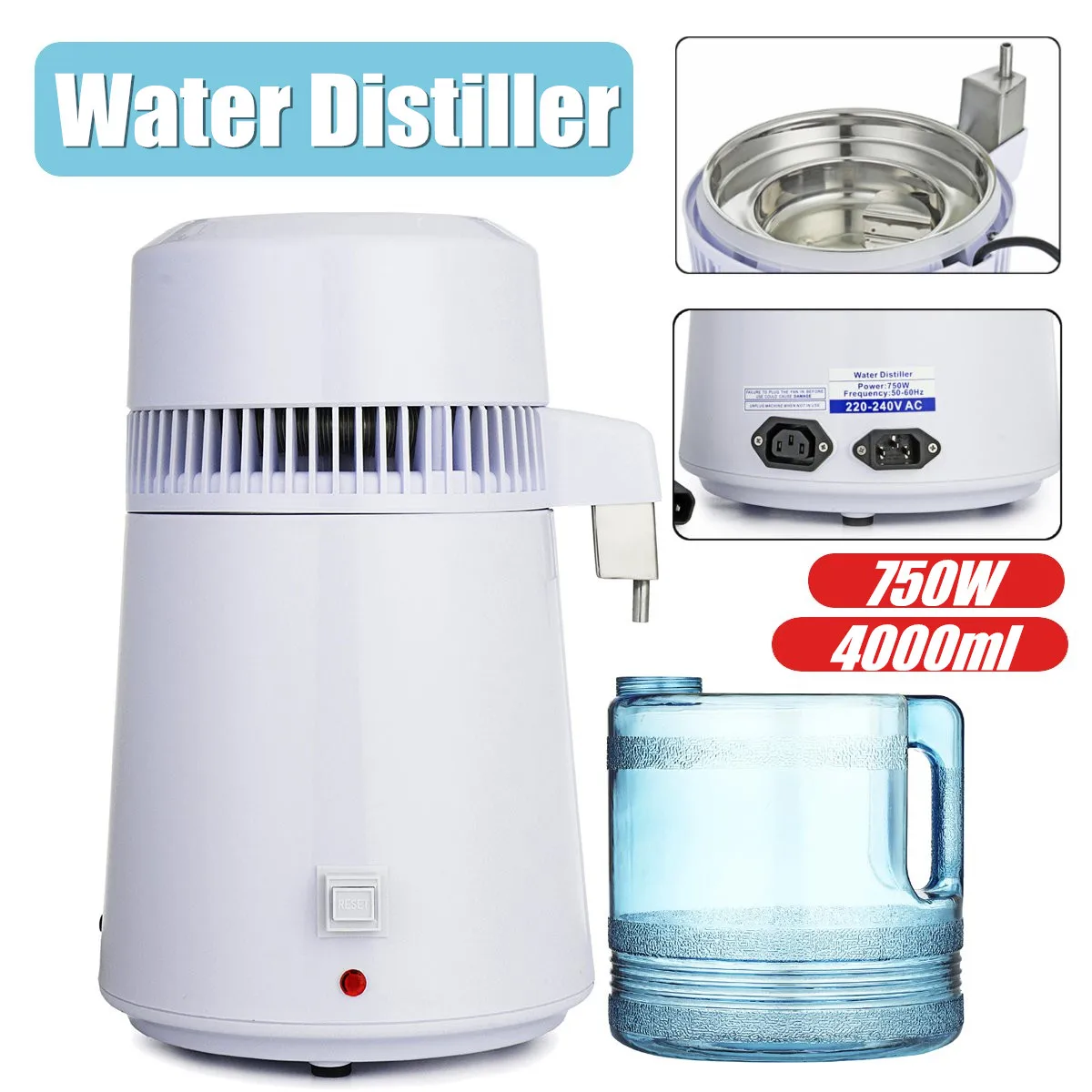 

750W Portable Electric Pure Dental Water Distiller 4L Machine Distillation Purifier Stainless Steel Water Filter AU US UK Plug
