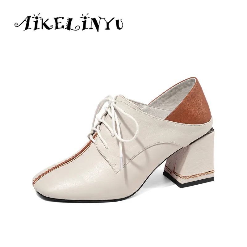 

AIKELINYU Mixed Colors Heels High Pumps Women Square Toe Footwear Fashion Cow Leather Shoes Female Office Shoes Woman 2019 New