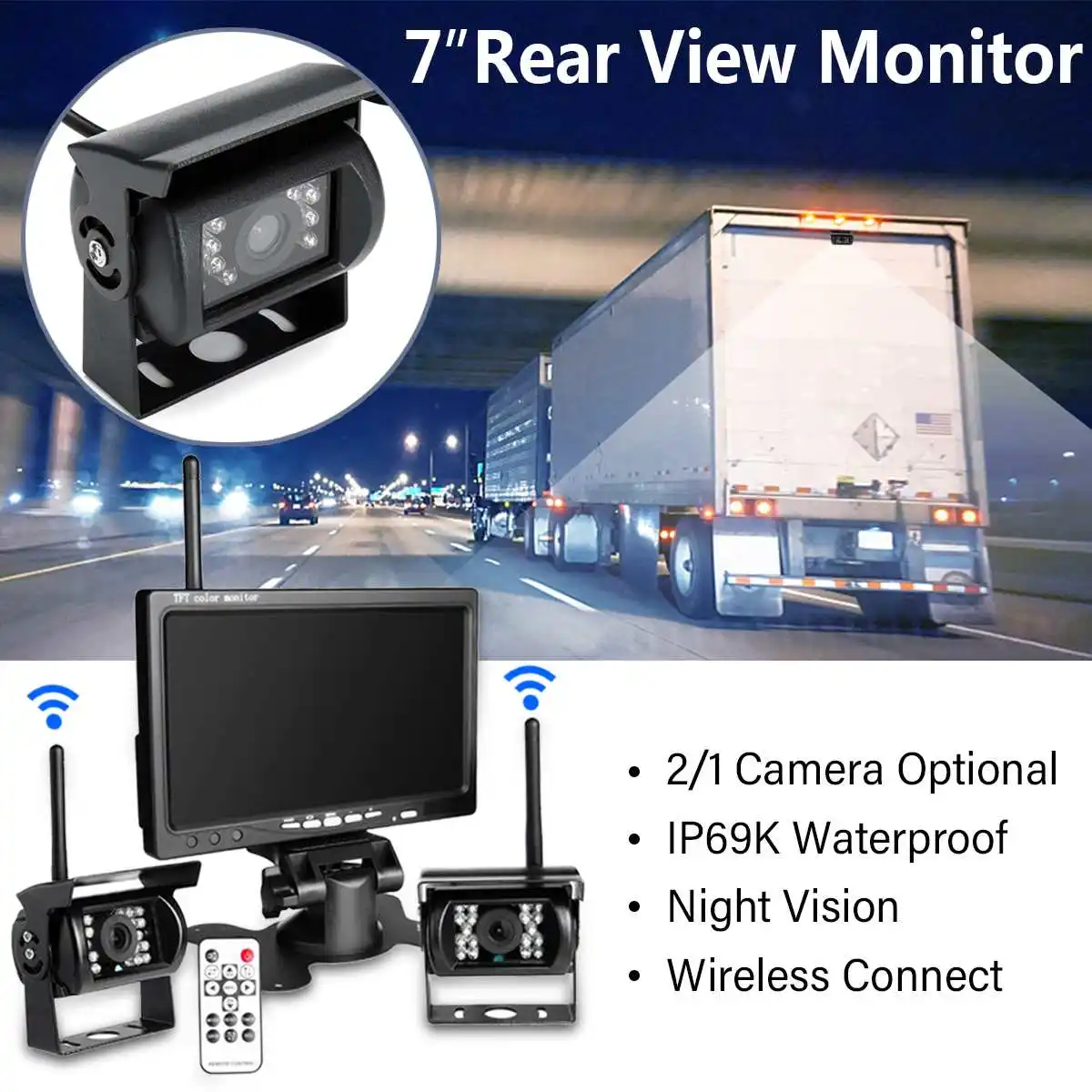 

7" Wireless Auto Car RV Truck Bus Parking Rearview Monitor Waterproof 1/2 Lens IR CCD Backup Reverse Camera Night Vision