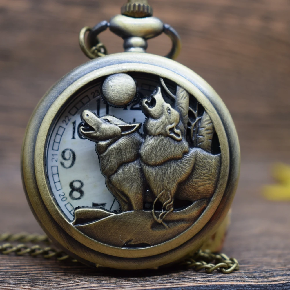 

Pocket & Fob Watches Bronze Wolf Animal Quartz Pocket Watches Necklace Women/Mens Pendant Watch Gift