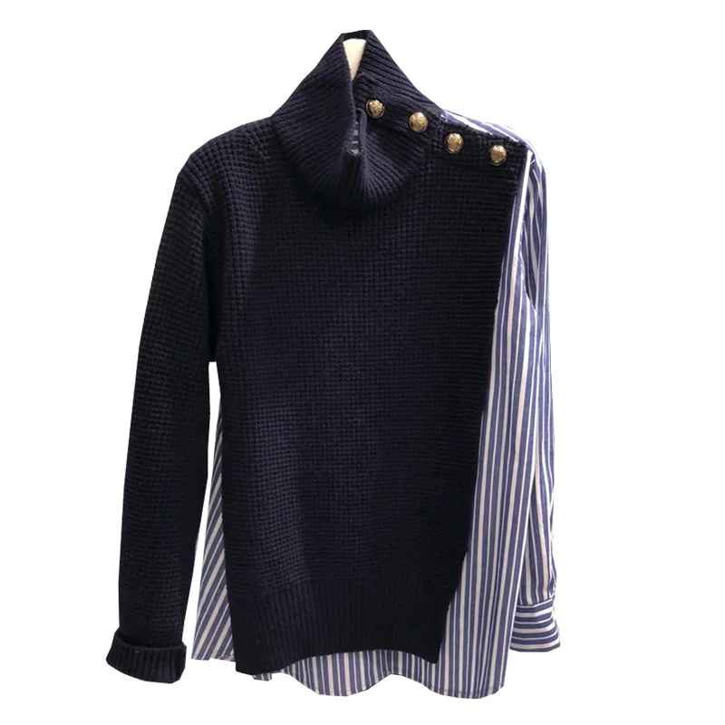 Korean Autumn Striped Button Patchwork Women Sweater 2019 New Fashion Casual Long Sleeve Knitted Pullover Winter All Match Tops