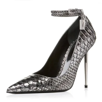 

2019 New Woman Sexy Pointed Toe Snake Leather Pumps Stiletto High Heels Lock Key Metal Heels Shoes Woman Fashion Sliver Shoes