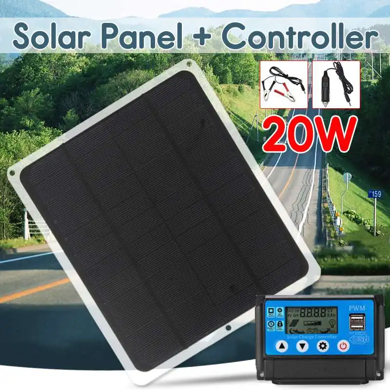 

12V 20W Dual Output Solar Panel with Car Charger + 10/20/30/40/50A USB Solar Charger Controller for Outdoor Camping LED Light