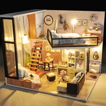 

Mini Wooden House Model Toy For Children DIY Small House With Dust Cover LED Light Miniature Doll House