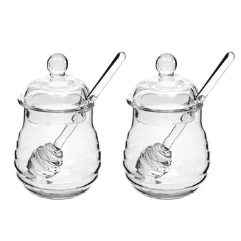 

250ml Glass Honey Pot Clear Jam Jar Set with Dipper and Lid for Home Kitchen Use