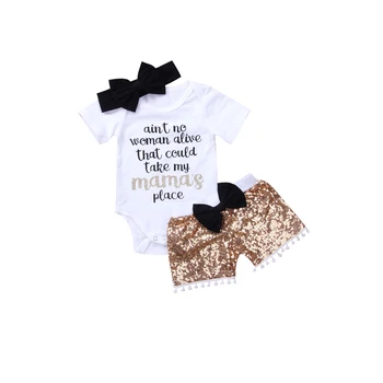 

3PCS Newborn Infant Baby Girls Clothes Set Cotton Long Sleeve Romper Sequins Shorts Headband
