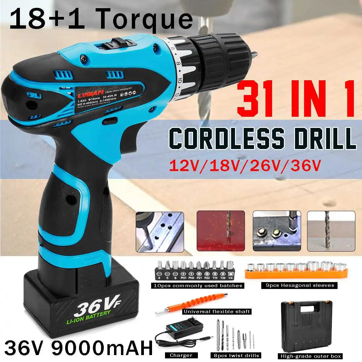 

18 types 12/18/26/36V Electric Impact Drill Cordless Household Power Tool Screwdriver Set Hexagonal Sleeves Detachable for Metal