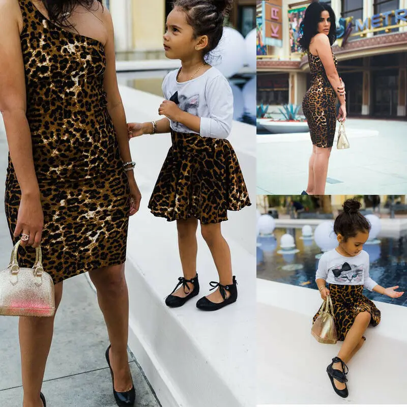 

Mother and Daughter Dress Family Match Clothes Woman One Shoulder Leopard Sexy Dress Kids Girls Skirt Outfits