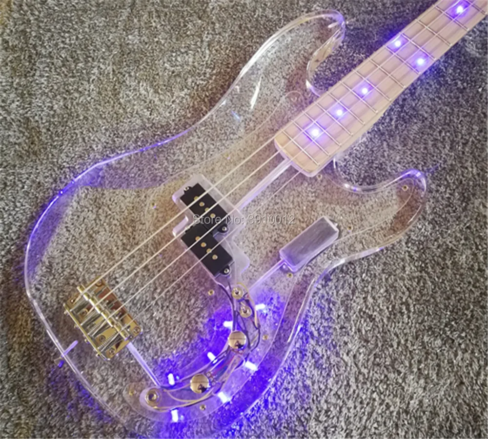 Top quality custom acrylic body 4 strings Jazz bass LED lights maple