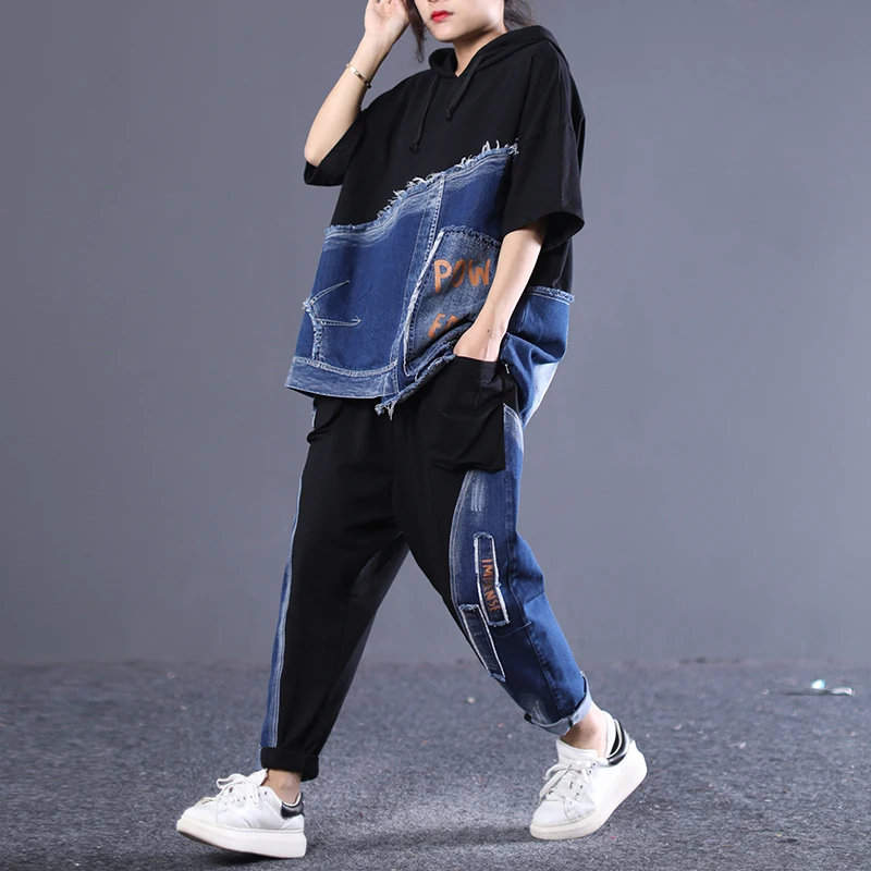 

[EWQ] spring summer of 2019 pattern hooded collar short sleeve denim patchwork pullvoers elastic waist pants women AE16201