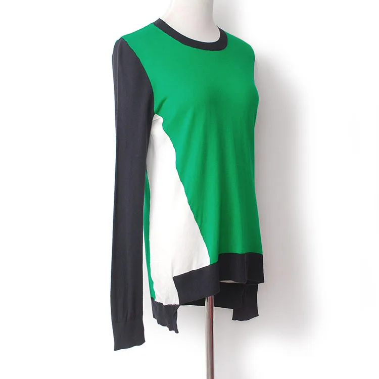 YUNINYOYO autumn thin cotton knitwear color Blocking round neck geometric pattern short front end and long back end jumper YUNINYOYO autumn thin cotton knitwear color Blocking round neck geometric pattern short front end and long back end jumper