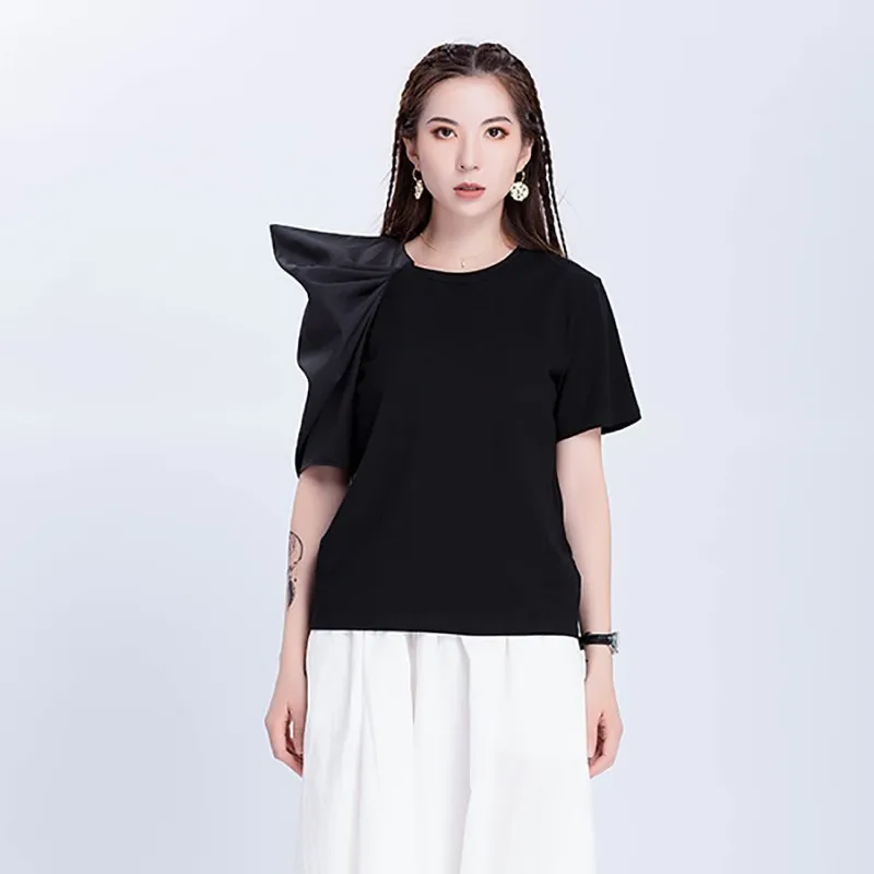 TWOTWINSTYLE летняя однотонная Лоскутная Женская футболка с круглым вырезом и асимметричным рукавом, свободные топы, Женская корейская мода, новая одежда
