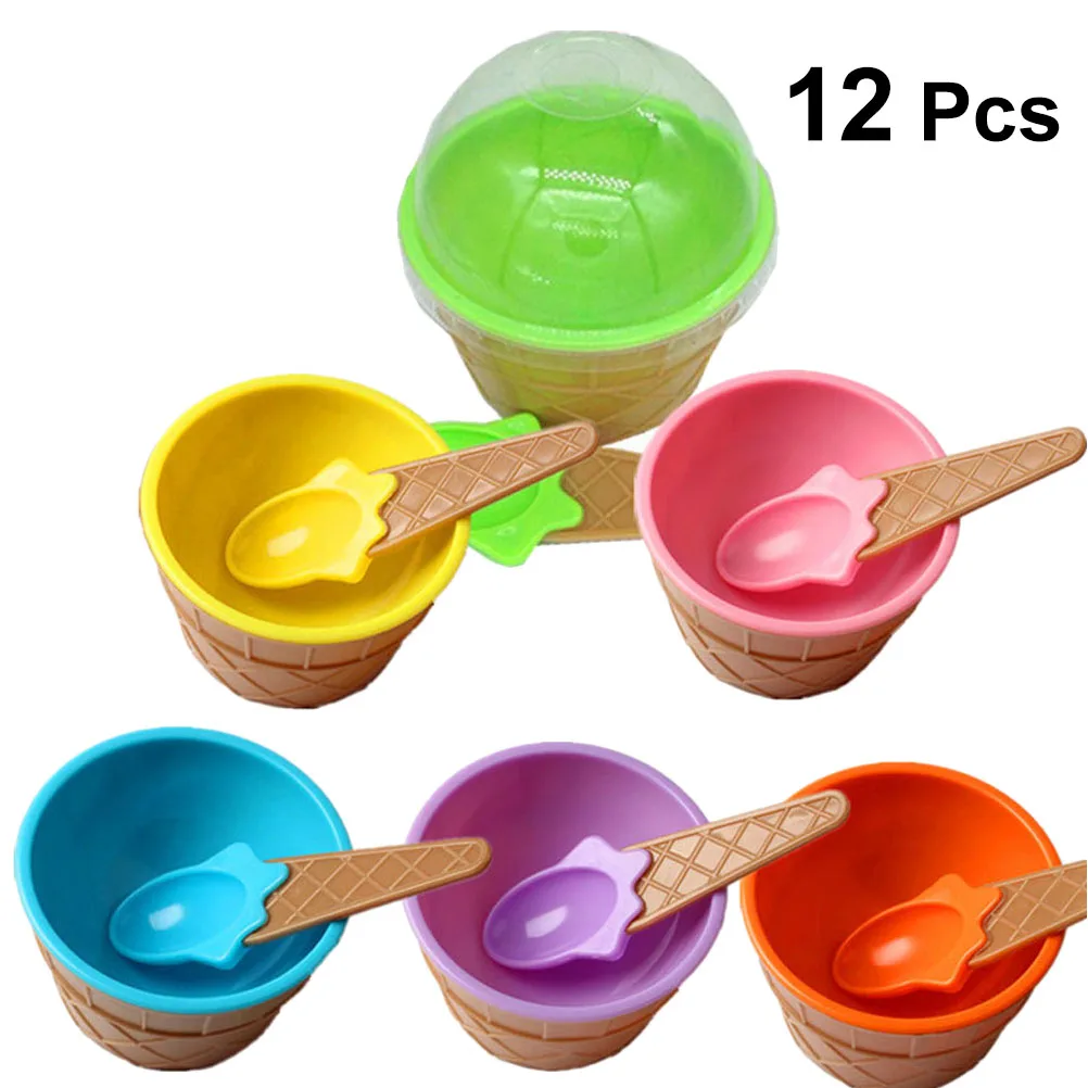 

12Pcs Ice Cream Bowl Creative Plastic Sundae Cup Anti-fall Festive Dessert Bowl Mixing Cup with Spoon