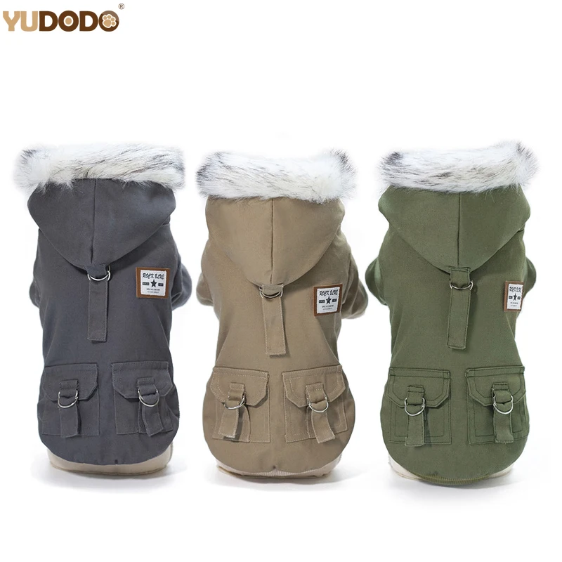 Army Style Dog Clothes Two Feet Hooded Pet Clothing Thicken Warm Wither