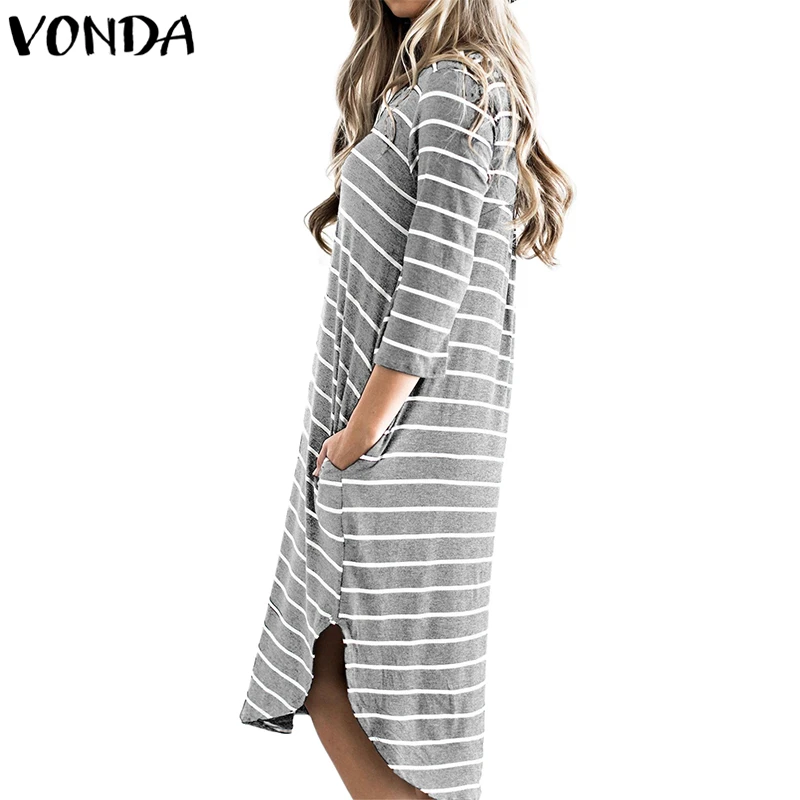 VONDA النساء مخطط اللباس 2019 الربيع الخريف السببية فضفاض 3/4 كم س الرقبة جيوب غير المتماثلة سبليت منتصف العجل زائد حجم Vestidos