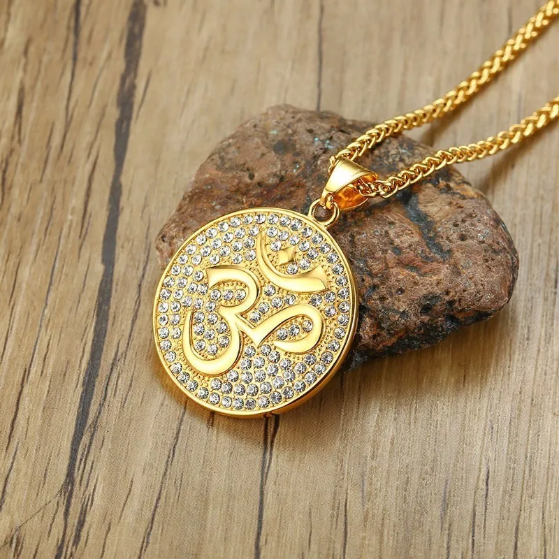 

Dropshiping Men Om Necklace Stainless Steel Amulet Medallion Pendant with CZ Aum Ohm Symbol in Golden Men's Jewelry 24 Inch