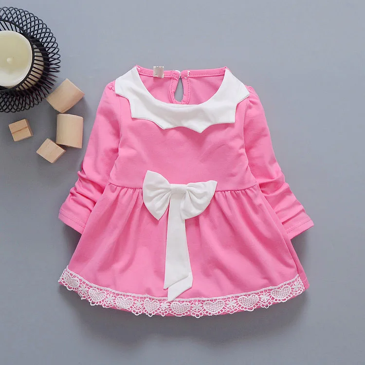 

Cute Girls Princess Dress 2017 Spring New Baby Girl Bow Dresses Shirt Children Kids Lace Solid Clothing Long Sleeves Clothes