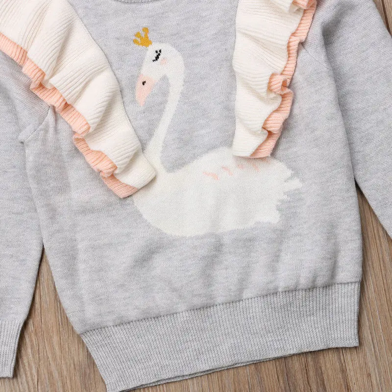 Pudcoco/Новинка года; милые вязаные топы для маленьких девочек; свитер с длинными рукавами с оборками и рисунком лебедя